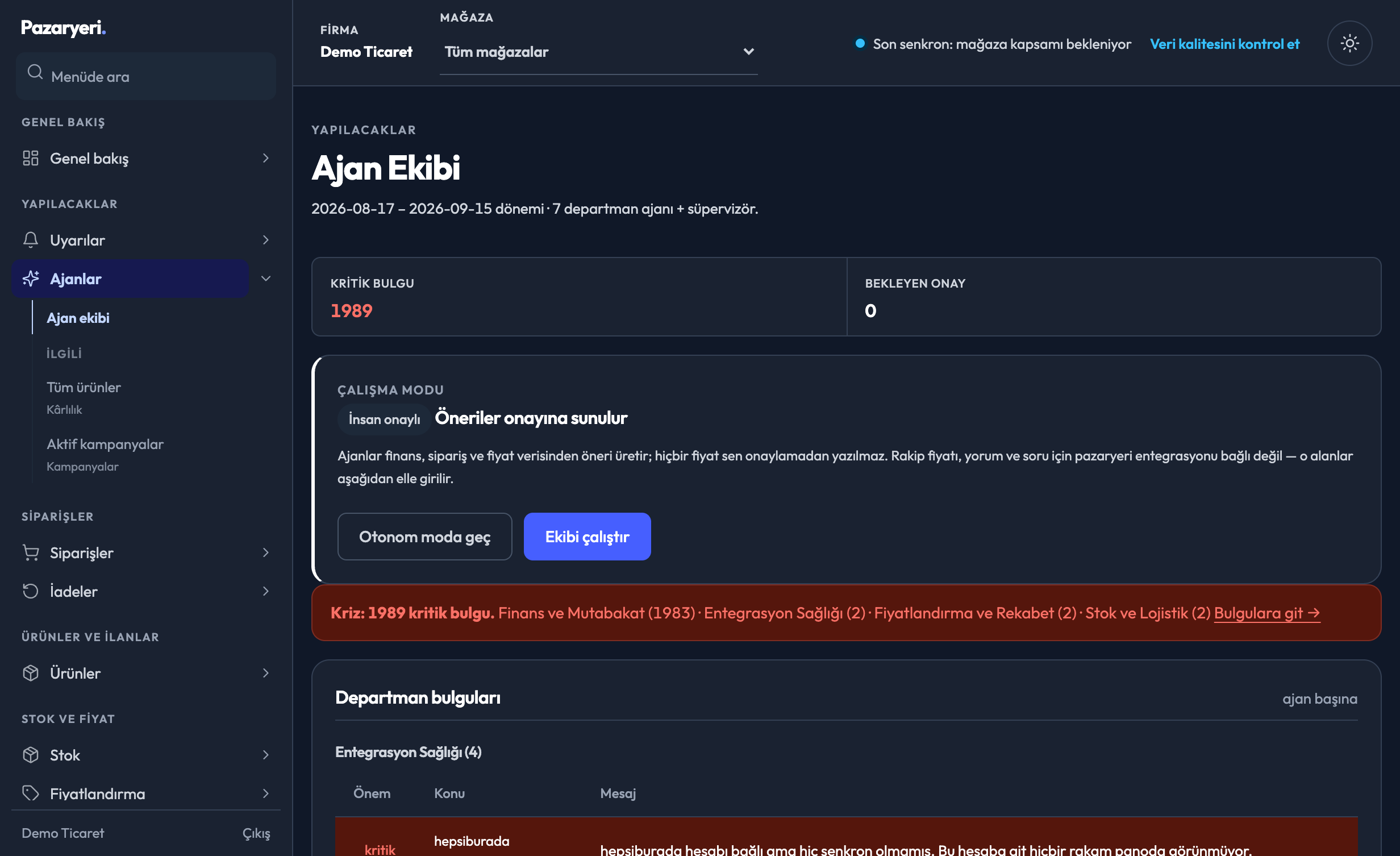 Ajan ekibi ekranı: çalışma modu seçimi, kritik bulgu sayacı ve departman bulguları listesi.